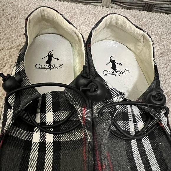 Corkys Kayak Slip On Flats in Black, White, and Red Plaid - Picture 6 of 8